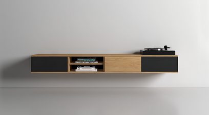 AV skříňka Unnu Classic Series Model 1541 ze světlého dřeva, s černými čelními panely, otevřenými policemi, černým gramofonem nahoře