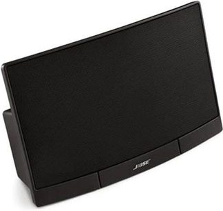 Bose RoomMate kompakt højttaler i sort, set forfra, slukket skærm, glat og skinnende overflade, afrundet rektangulær form