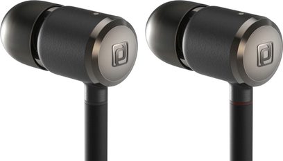 Zwei schwarze In-Ear-Kopfhörer von Periodic Audio Titanium, Frontansicht, mit silberfarbenen Metallgehäusen