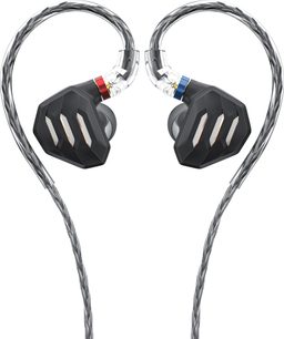 FiiO FH7S sort metal in-ear hovedtelefoner, kantede kabinetter med tre gitterbeklædte åbninger, gennemsigtige stik med rød og blå ring, grå gennemsigtig snoet kabel, set forfra