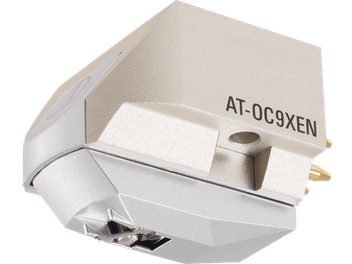 Κυψέλη βινυλίου Audio Technica AT-OC9XEN, άποψη 3/4 μπροστινή δεξιά, ανοιχτόχρωμο γκρι σώμα με μαύρη επιγραφή
