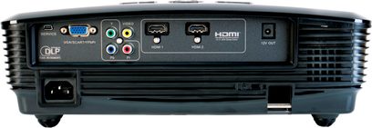 Optoma HD23 sort videoprojektor, set forfra, bagside med HDMI-, VGA- og audioporte