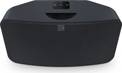 Trådløs forbundet højttaler BlueSound PULSE MINI 2i sort set forfra, berøringsfølsomme knapper på toppen