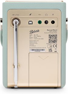 Δύο Roberts Mini 2, επένδυση με εφέ γαλάζιου δέρματος και μπεζ πλαστικό, κεραία θύρες Aux/ακουστικών/τροφοδοσίας, θήκη μπαταριών