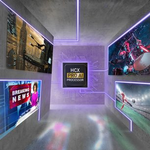 Panasonic TX-65LZ2000E-tv i et rum med sportslige og teknologiske billeder på væggene, HCX Pro AI-processor