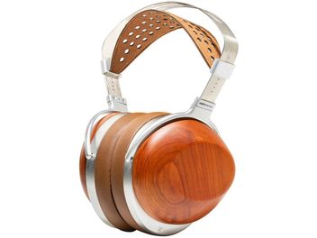 Hifiman HE-R10P -hifikuulokkeet, syykuvioidut oranssinruskeat kupit, ruskeat korvatyynyt ja hopeanvärinen sanka, jossa on rei'itetty pääpanta