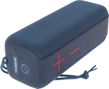 Bluetooth-højttaler Yourban Getone 40 blå, rektangulær form, tekstureret stof, røde knapper i relief, perspektivvisning