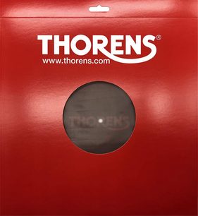 Copripiatto per giradischi Thorens, feltro in pelle marrone visibile attraverso una confezione quadrata rossa con finestra circolare