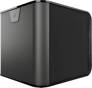 MartinLogan Depth 215 subwoofer i sort lak, set skråt forfra med afrundet sidegitter