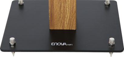 Enova HIFI højttalerfod, MAJESTY 50 WD, træ, set ovenfra, sort rektangulær base, 4 metalben, central trækolonne