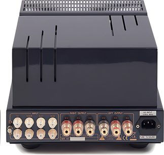 PrimaLuna ProLogue Classic KT-88 sort hi-fi stereforstærker, set forfra, med knapper, stik og synlige rør
