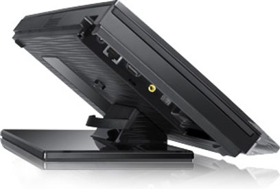 Samsung BD-C7500 sort Blu-ray-afspiller, set fra en trekvart bagfra, liggende fladt, skuffe åben, front vippet