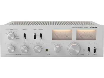 Amplificatore hi-fi stereo Unitra WSH-805 argento, frontale in alluminio spazzolato, vista frontale, due indicatori VU, presa per cuffie