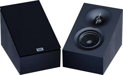 To Dolby Atmos-højttalere Elac Debut 3.0 DA43 Atmos, sorte, trækasser, skråt top, stofgitter, trekvartsvisning