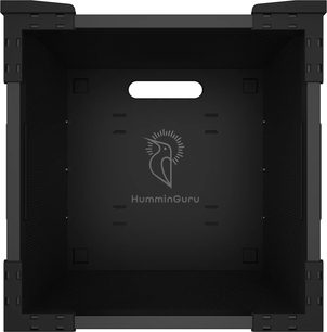 HumminGuru FlexiCube svart oppbevaringskube for vinylplater, innvendig visning med sentrert logo