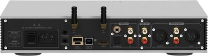 Luxsin Audio X9 high-fidelity hovedtelefonforforstærker, lysegråt metalhus med sort bagpanel, bagfra set med to Wi-Fi-antenner, IEC-strømstik, triggerport, USB-C- og USB-B-porte, HDMI ARC, koaksial indgang, optisk indgang, RCA sub-udgange, RCA- og XLR-lydudgange