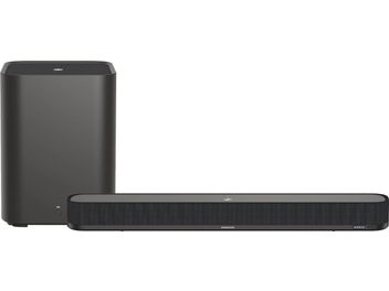 Sennheiser AMBEO Soundbar Mini svart lydplanke og AMBEO Sub bassrefleksboks, sett forfra mot hvit bakgrunn