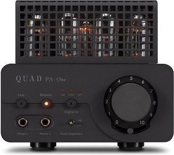 Hi-fi hovedtelefonforstærker Quad PA-One sort, sort front, knapper, hovedtelefonstik, oplyste vakuumrør, kompakt