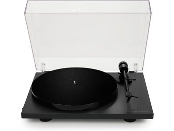 Pickup hi-fi Triangle Lunar 1 negru, șasiu dreptunghiular, platan circular, braț de citire, pe fundal negru