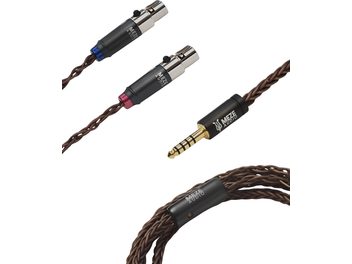 Meze Audio ausinių laidas, aukščiausios kokybės varinis PCUHD, mini XLR į 4,4 mm Jack, susuktas rudos spalvos varinis kabelis su mėlynos ir raudonos spalvos mini XLR žiedais ir auksu dengtu 4,4 mm Jack kištuku, stambiu planu, izoliuotas vaizdas