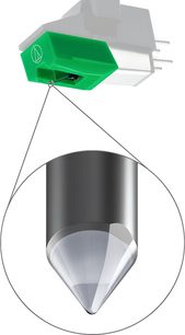 Audio-Technica ATN95E-Ersatznadel für Plattenspieler, grüne Tonabnehmer-Einheit mit Nahaufnahme der konischen Spitze