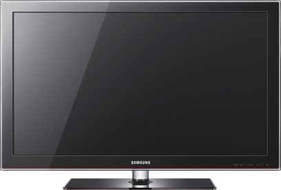 Samsung LE32C550 fladskærms-TV slukket, 32 tommer sort blankskærm, mørkerød ramme, set forfra