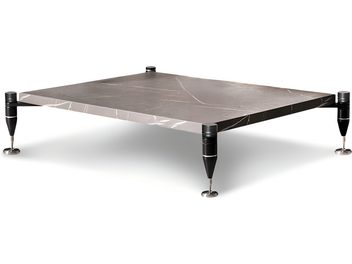 Έπιπλο hi-fi Essenza by Bassocontinuo Proxima με ράφι από γκρι μαρμάρινη πλάκα με φλέβες, πάνω σε ρυθμιζόμενα μαύρα κωνικά πόδια