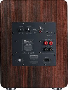 Subwoofer Alpha RS 8 mocca, vedere din spate, panou de control negru cu butoane, conectori audio, întrerupător și inscripții