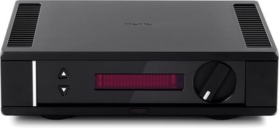 Rega Osiris zwarte stereo hi-fi versterker, vooraanzicht, voorzijde met knoppen, draaiknop en rood display, twee zijdelingse ventilatieopeningen
