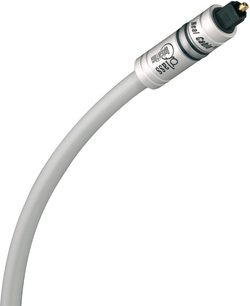 Real Cable'i Crystal optiline digitaalkaabel, metalse Toslinki pistikuga ühes otsas, halli väliskestaga, lähivaade