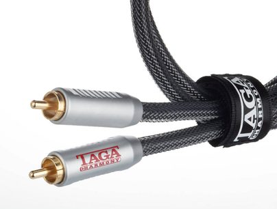 Taga Harmony TRI-100 1M analogt RCA-lydkabel, guldbelagte stik, sort flettet kappe, nærbillede af enderne