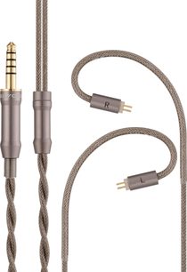 Grijze gevlochten kabel voor Sivga Lyrebird-oortjes, met vergulde jackplug en tweepinsconnectoren gemarkeerd met L en R