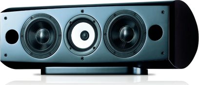 Černý centrální reproduktor Pioneer S-8EX-W, pohled zepředu, se třemi kruhovými reproduktory uspořádanými vodorovně