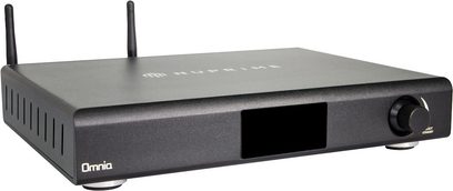 Amplificatore hi-fi stereo Nuprime Omnia A-200 nero, vista frontale, formato rettangolare, 2 antenne Wi-Fi, display LCD centrale