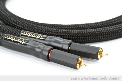 Analogt RCA-lydkabel fra MPC Audio Absolute modulation RCA, sort, nærbillede, forgyldte RCA-stik, sort flettet kappe