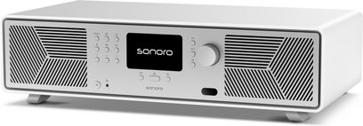 Sonoro Avaton, sistema hi-fi bianco opaco-argento in plastica/metallo, vista 3/4 anteriore, schermo centrale, griglie diagonali