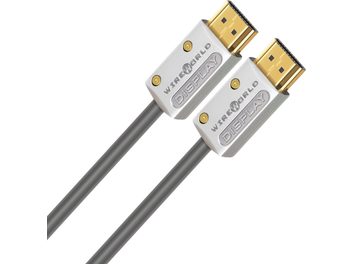 Два сріблясто-сірі HDMI-кабелі Wireworld Display із позолоченими конекторами, розташовані паралельно на білому фоні