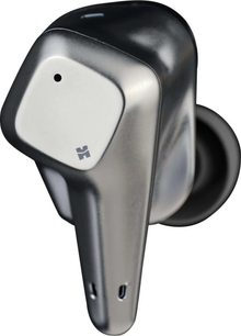 Écouteur intra-auriculaire sans fil Hifiman Svanar Wireless gris métallisé et beige, vue de trois-quarts, corps en plastique métallisé satiné avec tige effilée percée de micros et embout en silicone noir