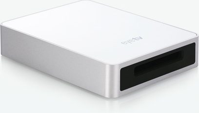 Caja rectangular blanca Elgato EyeTV Sat, parte frontal con logotipo gris, parte trasera con conectores negros
