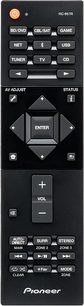 Sort Pioneer VSX-LX503 fjernbetjening med knapper og taster til at styre en hjemmebiografsforstærker, set forfra