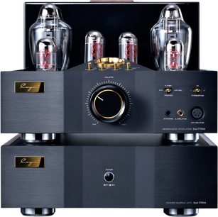 Cayin Soul 170HA integreret stereo rørforstærker i sort børstet aluminium, set forfra med to stablede kabinetter, fire glasrør på toppen, stor guldfarvet volumenkontrol i midten og hovedtelefonudgange til højre