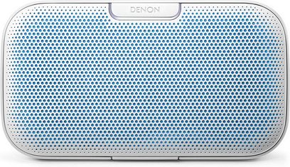 Denon Envaya DSB200WT hvid bærbar Bluetooth-højttaler, set forfra, perforeret gitter over hele forsiden