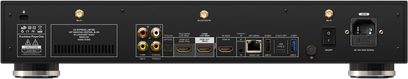 Lecteur multimédia R_volution PlayerOne noir, face arrière, connectique audio/vidéo analogique et numérique, ports USB et réseau