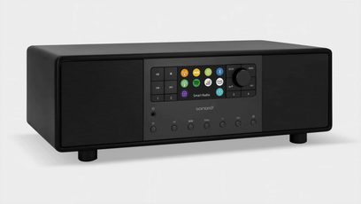 Radio Sonoro Primus nera opaca, frontale, pulsanti e display LCD Smart Radio, due altoparlanti, cassa rettangolare nera