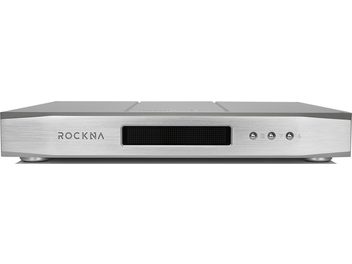 Rockna Wavelight PRE/DAC silver stereo preamplifier, brushed metal enclosure, front panel with logo, display, and buttons, top grille