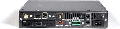 Integreret stereo hi-fi forstærker Elipson Connect 2130 Xi, bagsidevisning, sort rektangulært kabinet, forskellige tilslutningsmuligheder, ventilationsgitre