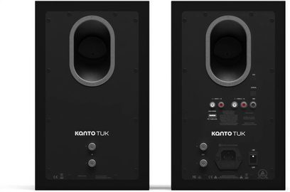 Pereche de boxe conectate Kanto TUK G2 negre, vedere din spate cu porturi audio și comenzi posterioare