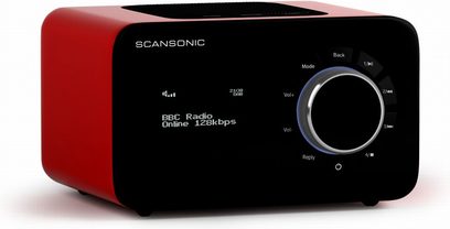 Rød og sort digital bordradio Scansonic SC-R4, rent design, LCD-skærm, 5 kontrolknapper