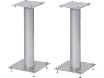 Twee Norstone Stylum 1 luidsprekerstandaards in satijn zilver, cilindrisch, vierkante basis, 60 cm hoog