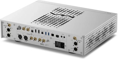 Lettore audio di rete Matrix Audio MS‑1 PRE in alluminio argento, vista posteriore tre quarti dall’alto, chassis metallico traforato sulla parte superiore e sui lati, pannello posteriore con uscite XLR e RCA dorate, porte USB, RJ45 e presa di alimentazione IEC
